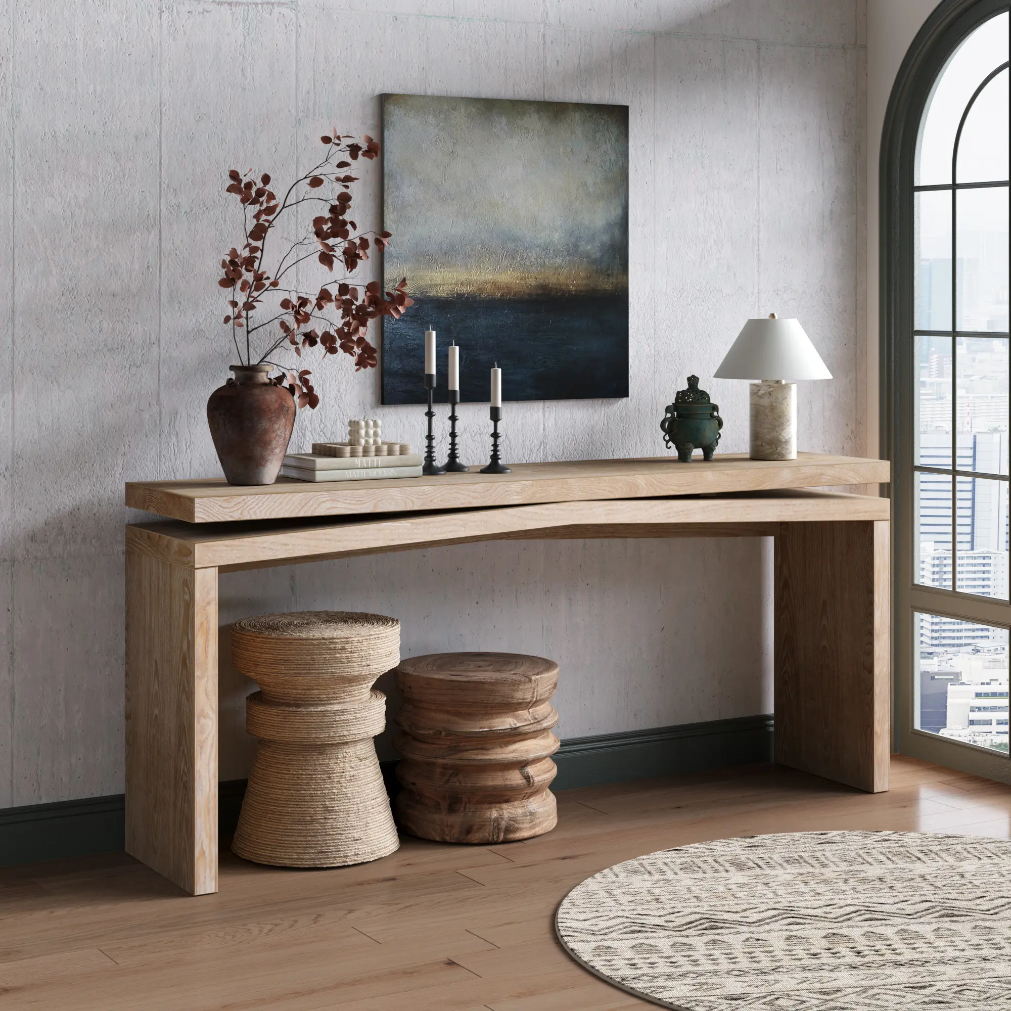 65" Rustic Split-Level Console Table with Sled Base, Antique Natural, YATU Living