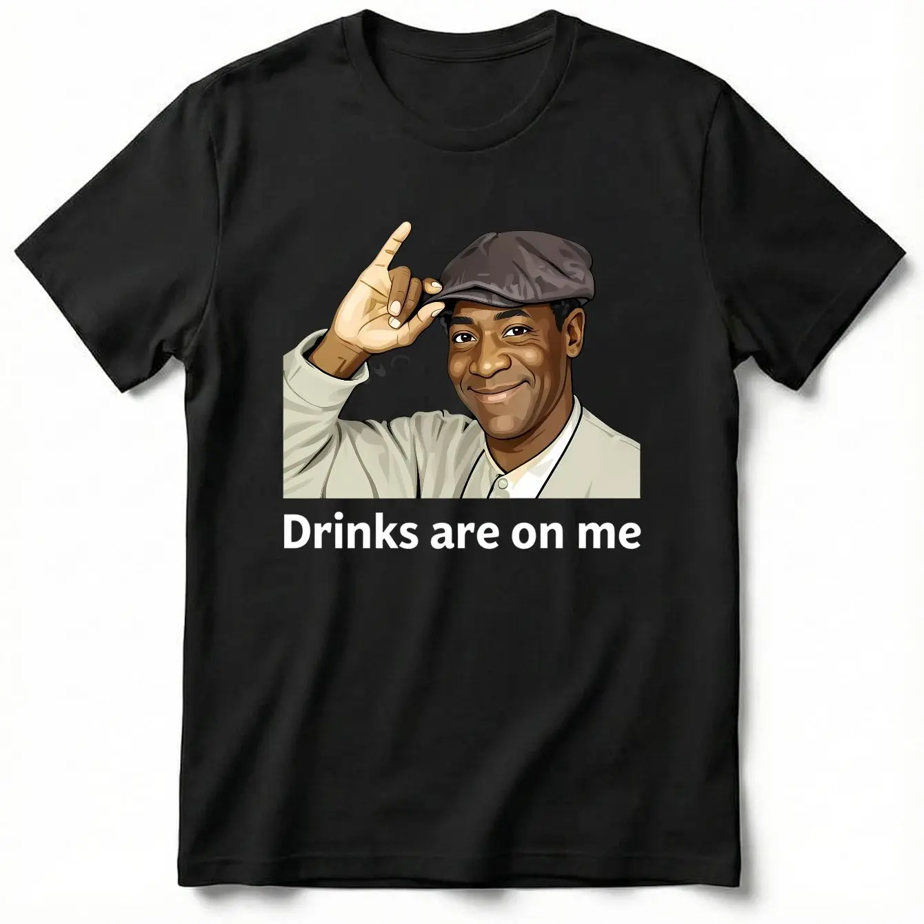 Men's Funny Graphic Short-Sleeve T-Shirt - "Bill Cosby Drinks Are On Me" Digital Print, 100% Cotton Soft Breathable Basic Streetwear, Round Neck Casual Fit, Halloween Figure-Focused Menswear Top, Fabric