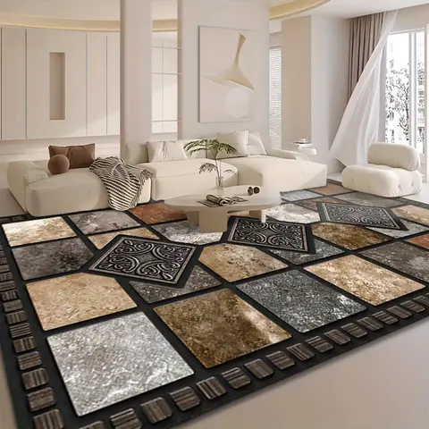 Luxury Marble-Patterned Area Rug, Anti-Skid Plastic Bottom, Soft Comfortable Dustproof Crochet Durable Indoor Mat for Living Room, Bedroom, Home Decor Rugs