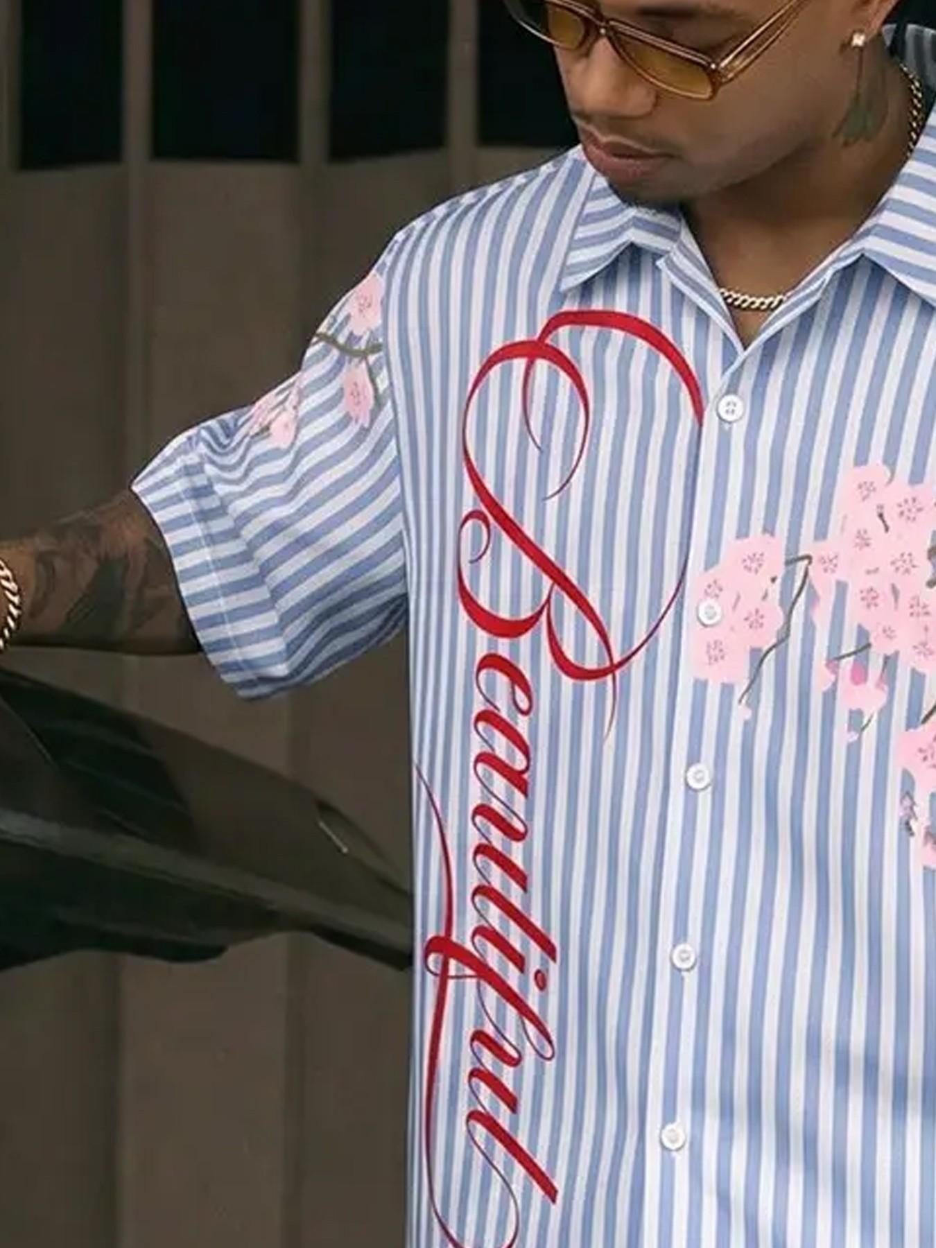Men, Menswear, Blue White Vertical Striped Cherry Blossom Cursive Print Two Piece Outfit Oversized Short Sleeve Button Down Shirt Drawstring Waist Shorts Vintage West Coast Chicano Matching Summer Couple Tracksuit