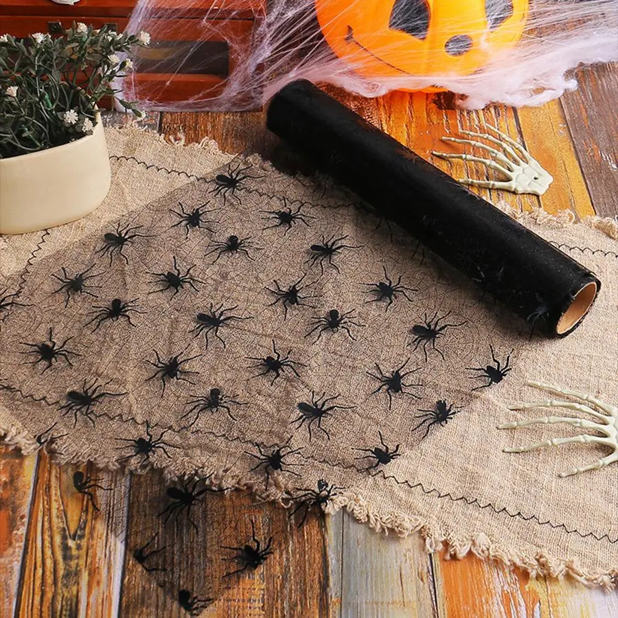 Halloween Printed Mesh Table Runner Roll, Spider Bat Pumpkin and Skeleton Tulle Fabric for Party Table and DIY Decorations