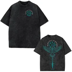 Men's Acid Wash Oversized Graphic Tee - Norse Mythology Odin's Raven, Vegvisir Compass, Runic Symbol, Dark Gothic Streetwear, Relaxed Fit, Wings Print, Heart Accent, Soft Fabric, Unisex Casual Menswear Gift (Washed Black)