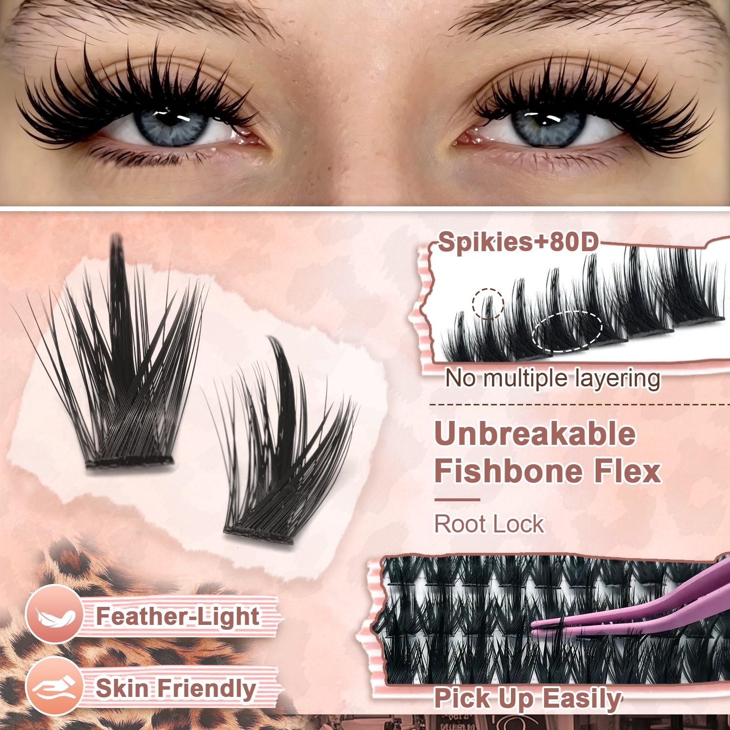 Spiky False Eyelash Extension Kit 80D Spiky Cluster Lashes, D Curl Manga Cat Eye Lash Extensions, 10-18mm Mixed Length Wispy Individual Lash Clusters, Soft Lightweight Reusable False Eyelashes, Diy Volume Eyelashes, Easy Pick Up, No Layering