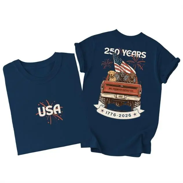 USA 250 Years Pickup Truck Labrador Dog Double‑Sided Graphic Pure Cotton T‑Shirt, Comfort Oversized Cute Fashion Outfit, Holiday Best Gift For Him Her, Perfect Present For Family Friends