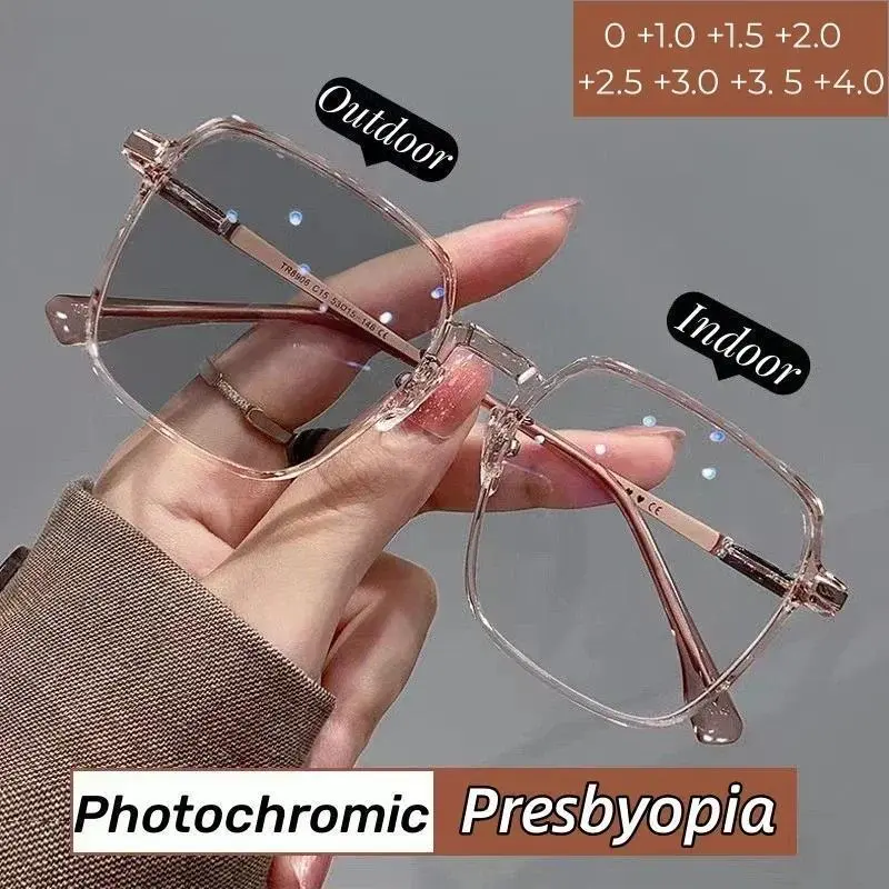 Women's New Style Photochromic Oversized Frame Presbyopia Reading Glasses, Color-Changing Sunglasses with +4.0 Lenses, +4.0 Lens