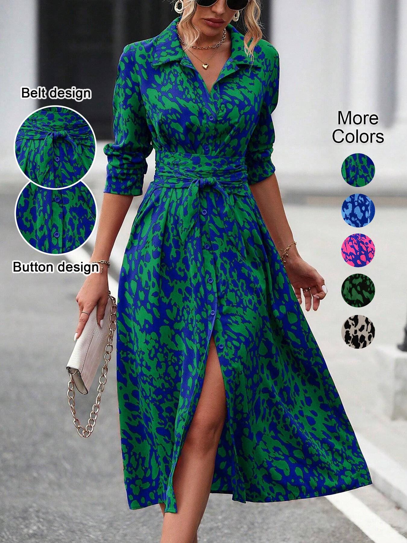Women's Spring Autumn Elegant Boho Geometric Tie Dye Print Button Front Belt Midi Dress, Long Sleeve Fitted Design, Multiple Color Options