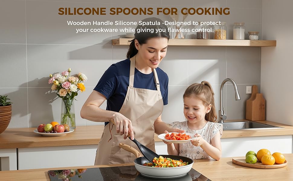 Cooking Spoon for Nonstick, 2-Pack Wooden Handle Spatula Spoon for Cooking,, Scooping & Scraping – Food-Spoon, Heat Resistant, Hole – Black, 12.8 Inch