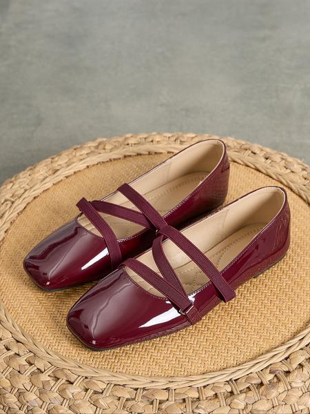 Women's Easy Slip-On Casual Trendy Flat Shoes, Wine PU Leather Square Toe Casual Ballet Flats, All Season Comfortable Wear-Resistant Design