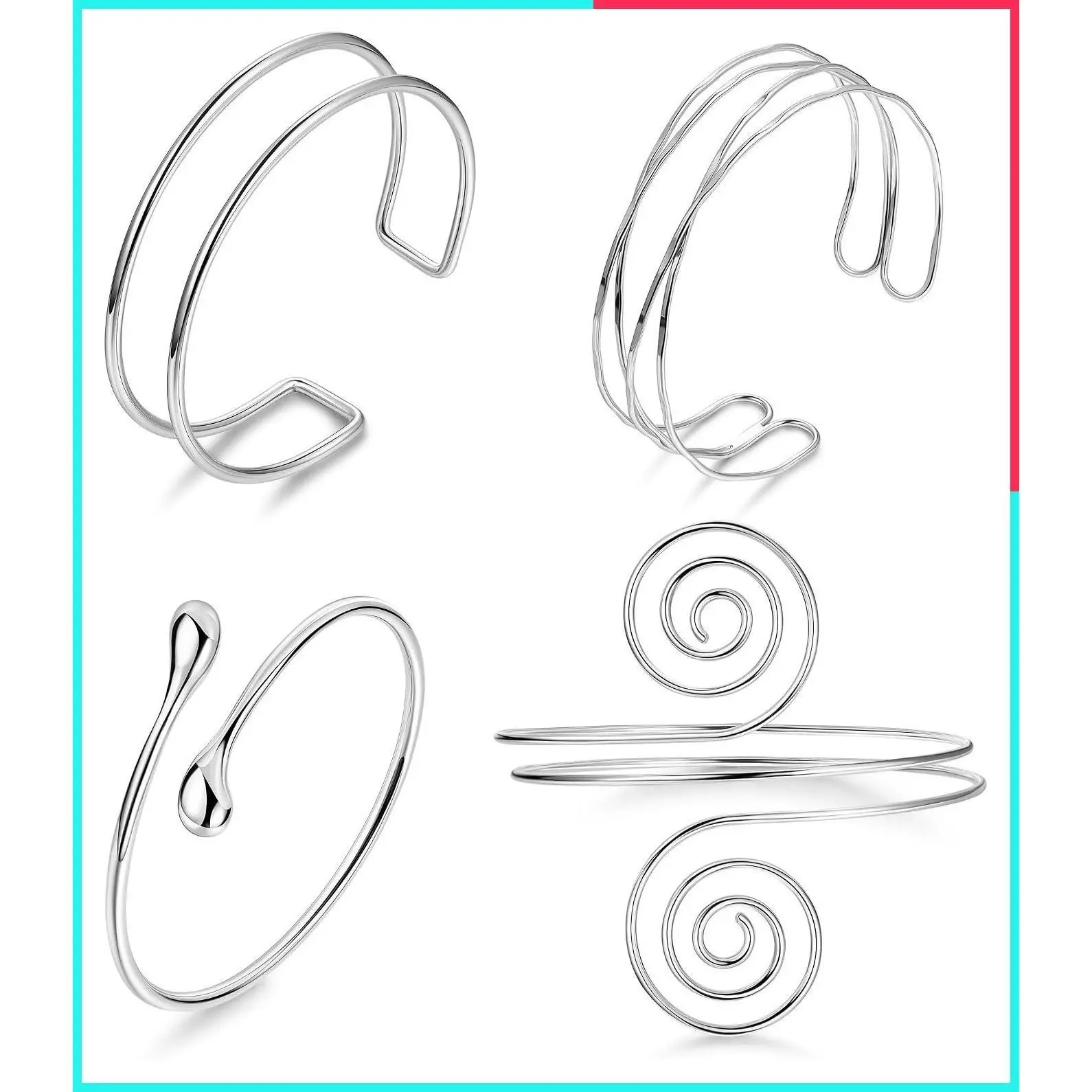 4PCS Gold Silver Upper Arm Cuff Bracelets for Women Adjustable Open Bangle Armband Set Simple Armlet