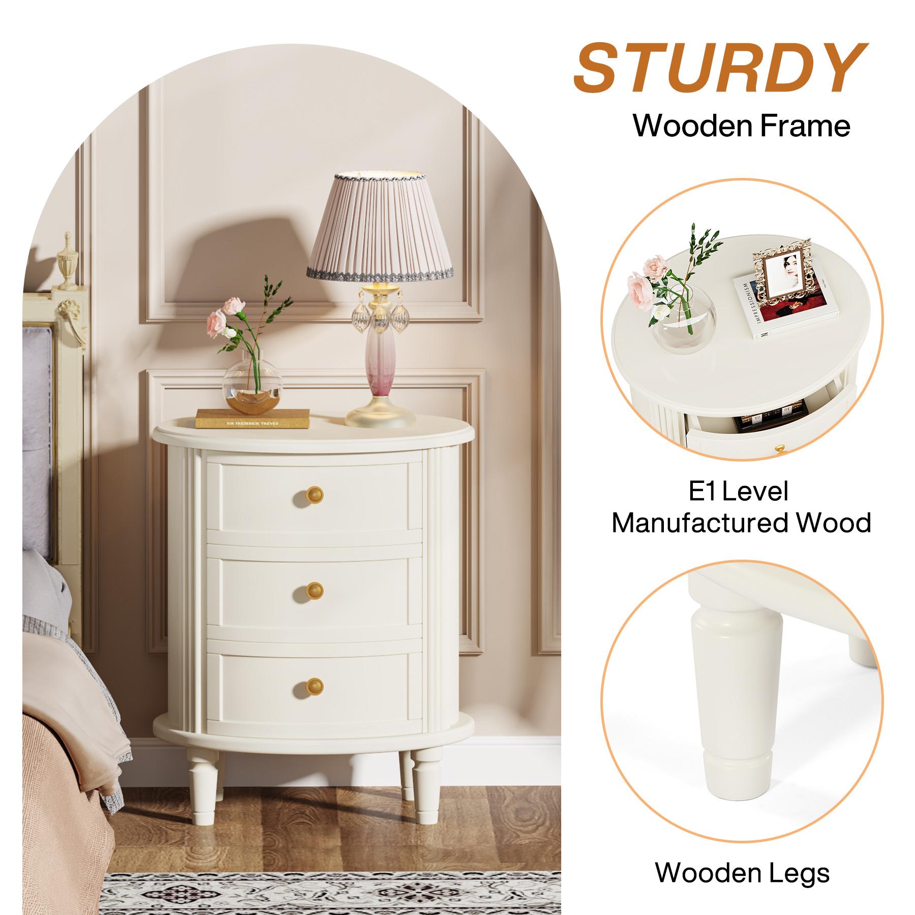 LITTLE TREE Nightstand with 3 Drawers, Oval Bed Side Table for Bedroom, Fully Assembled, Farmhouse Night Stand with Storage, Wooden Side End Table with Solid Wood Legs for Living Room LITTLE TREE Nightstand with 3 Drawers, Oval Bed Side Table for Bedroom, Fully Assembled, Farmhouse Night Stand with Storage, Wooden Side End Table with Solid Wood Legs for Living Room