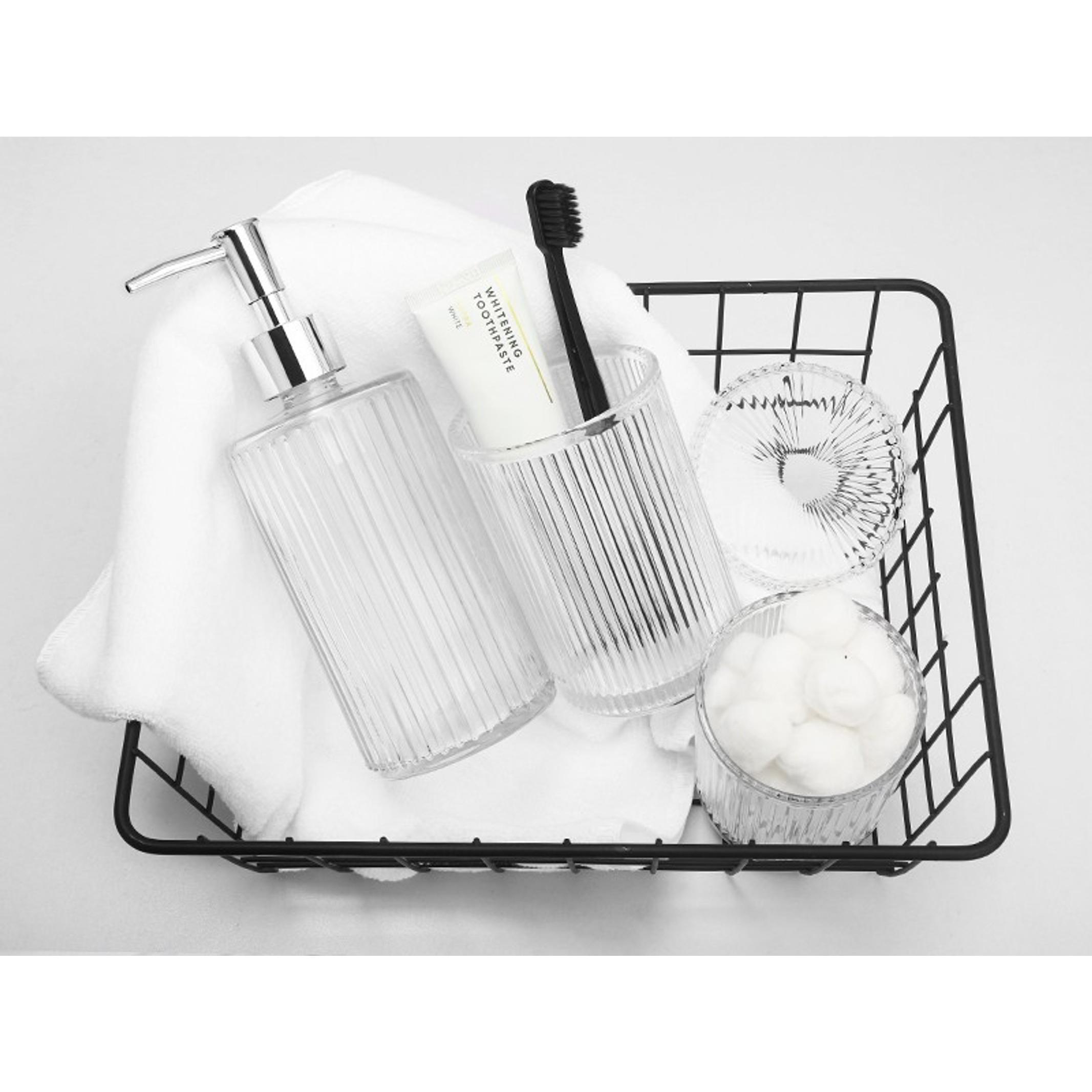 4-Piece Ribbed Glass Bathroom Accessory Set - Silver Modern Counter Decor with Soap Dispenser, Toothbrush Holder, and 2 Qtip Holders, Four Pieces 4-Piece Ribbed Glass Bathroom Accessory Set - Silver Modern Counter Decor with Soap Dispenser, Toothbrush Holder, and 2 Qtip Holders, Four Pieces
