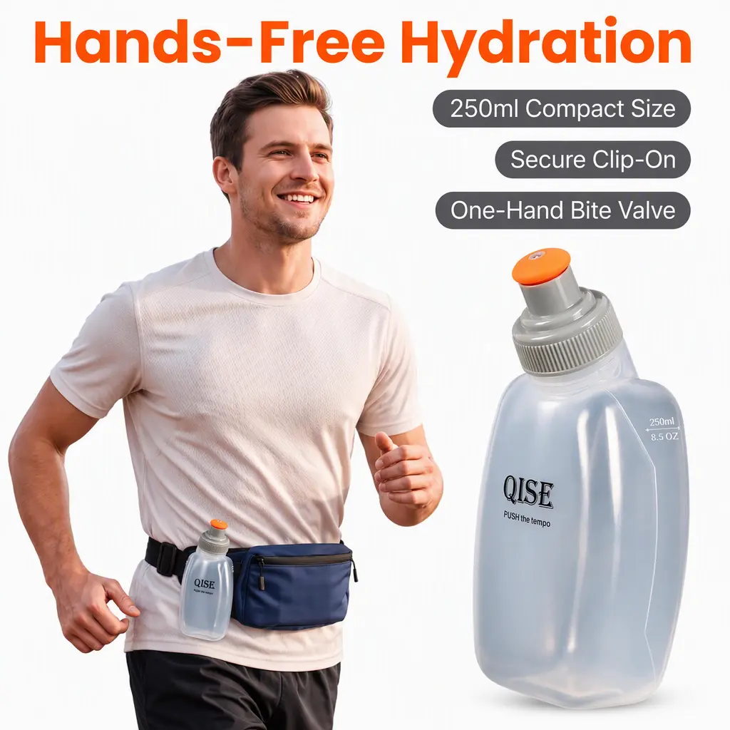 Unisex 250ml Squeeze Sports Water Bottle - Detachable Waist Clip Holder, 1-Hand Push-Pull Leakproof Design, Dust Cover, Portable Hydration Flask for Running, Cycling