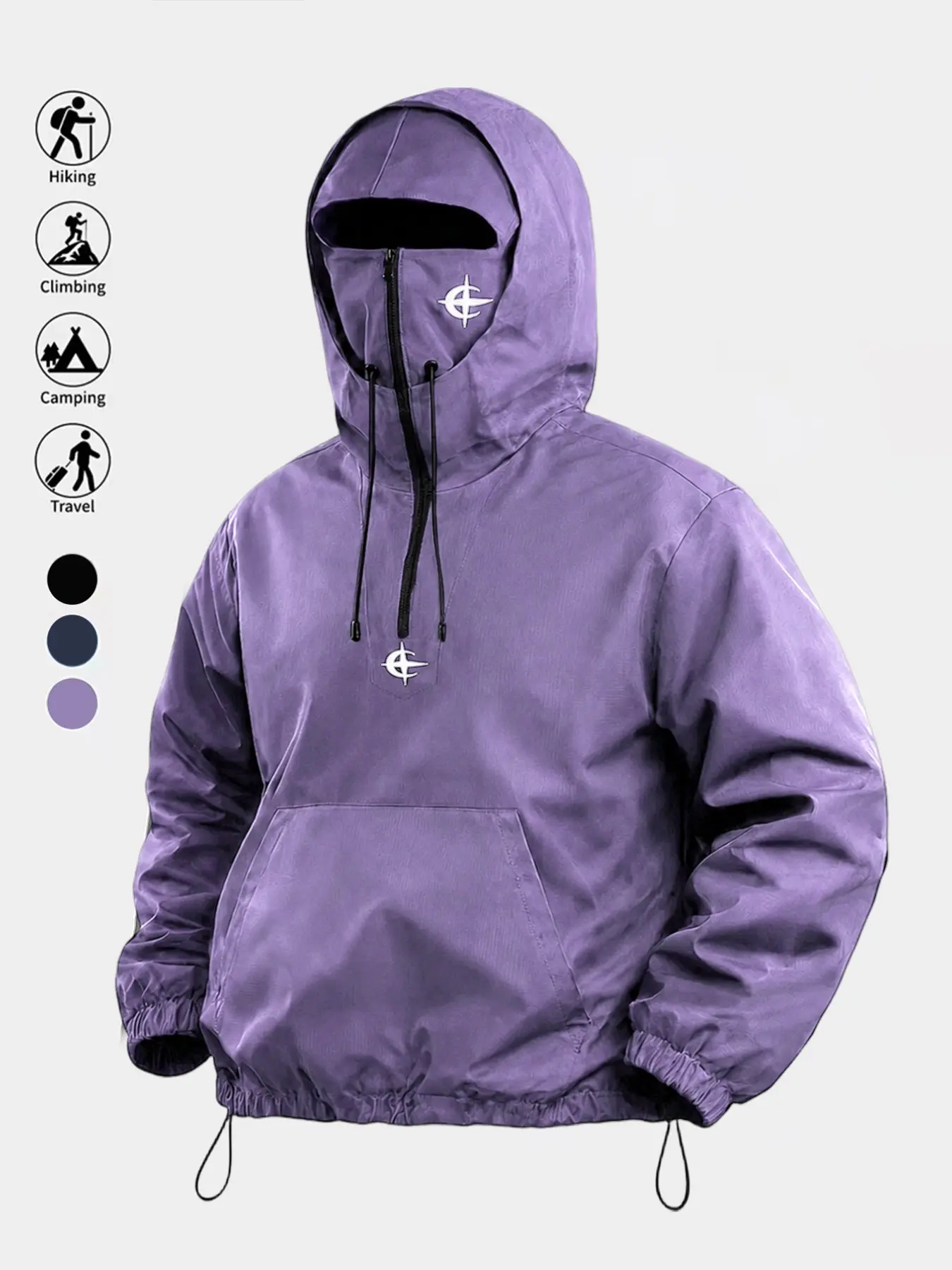 Men's Outdoor Windproof Hooded Jacket, Half-Zip Face Mask Design, Fashion Star Print, All-Season, Drawstring Waist, Casual Long Sleeve