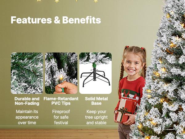 VEVOR Christmas Tree, 4ft Prelit Flocked Artificial Tree, Full Holiday Xmas Deco Trees with 120 Warm White LED Lights, 8 Lighting Modes 539 Branch Tips for Home Party Office Decoration