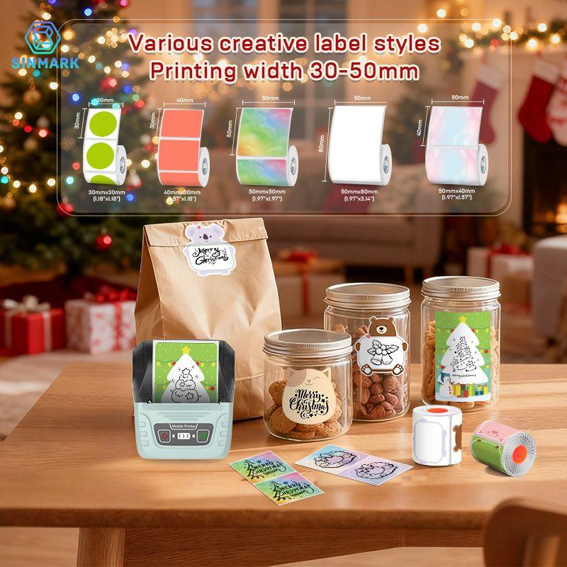 Portable Wireless Label Printer Label Maker Machine + 3 Rolls Color Labels, USB Rechargeable, Compatible with iOS Android Windows, Barcode Clothing Jewelry Retail Mail