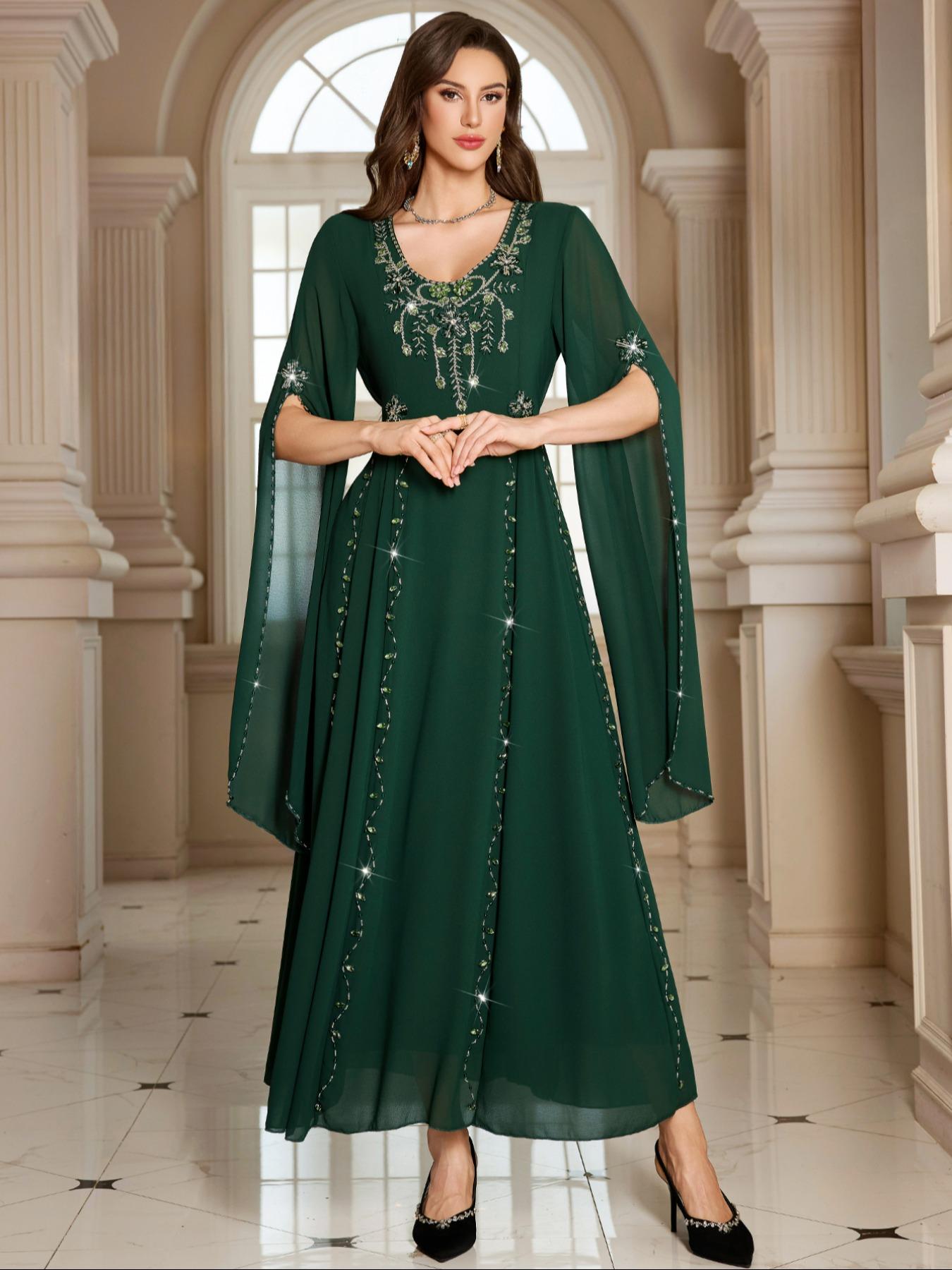 Women's Casual Dress with Rhinestone Beaded Applique, High-End Handmade Embroidery, Long Sleeve Design, Perfect for Daily Wear