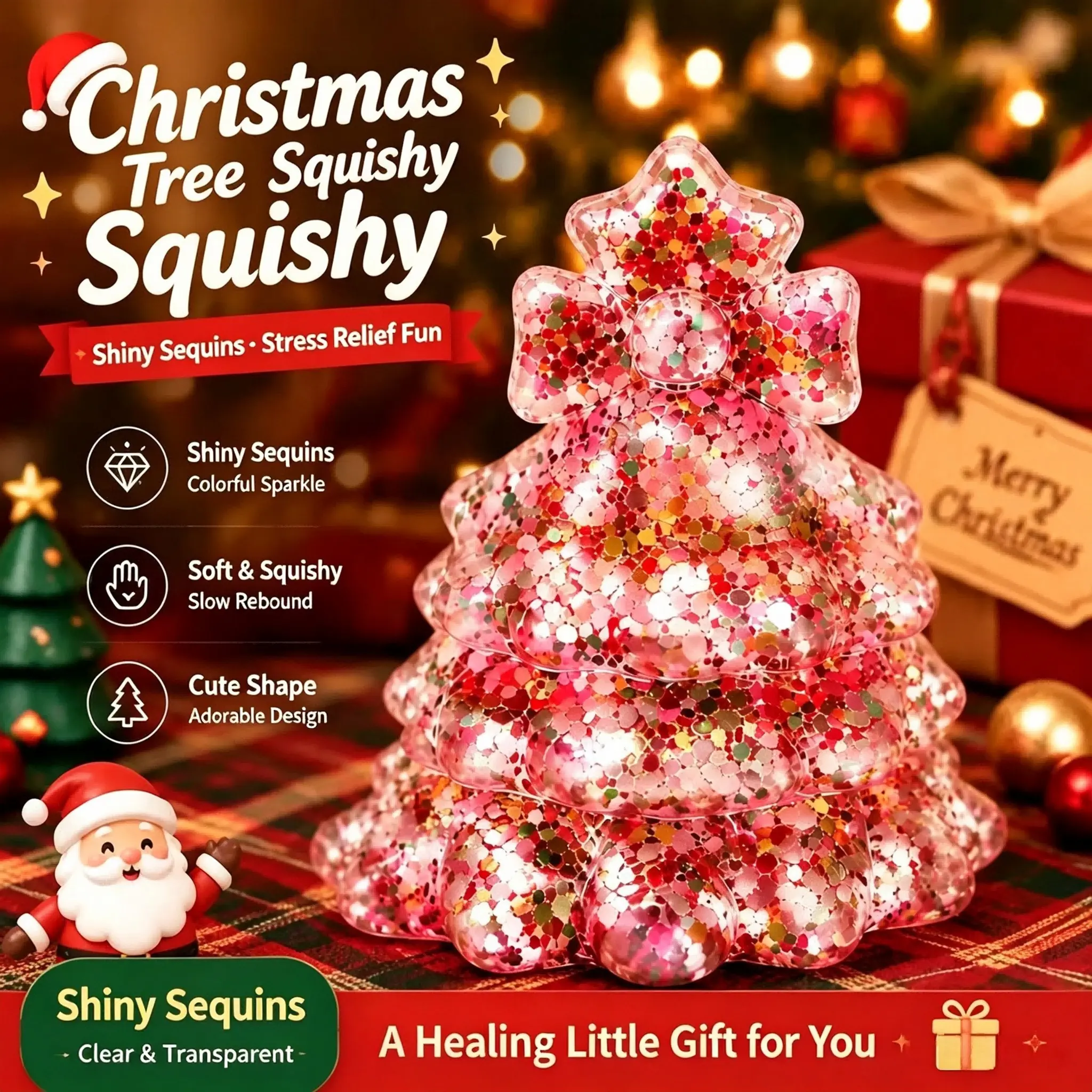 Mini Christmas Tree Stress Balls Set with Glitter Resin Material, Dreamy Christmas Style in Multiple Colors, Holiday Desk Decor and Gift Idea