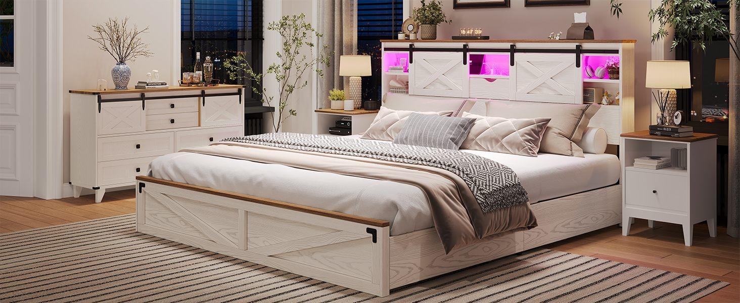 Sikaic LED Farmhouse Wooden Platform Bed Frame With Charging Station 2 Drawers & Storage Headboard Sliding Barn Door White Furniture Modern Bedroom Set Bedframes