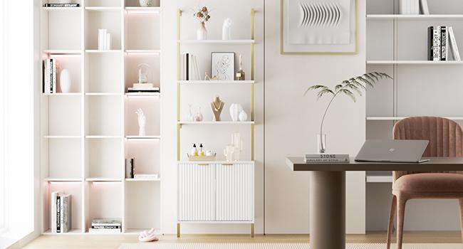 Vabches 3 Tier White & Gold Ladder Shelf with Storage Cabinet, Modern Ladder Bookshelf with Doors, Wall Mount Bookcase with Metal Frame, Display Shelves for Living Room, Bedroom, Bathroom, Home Office