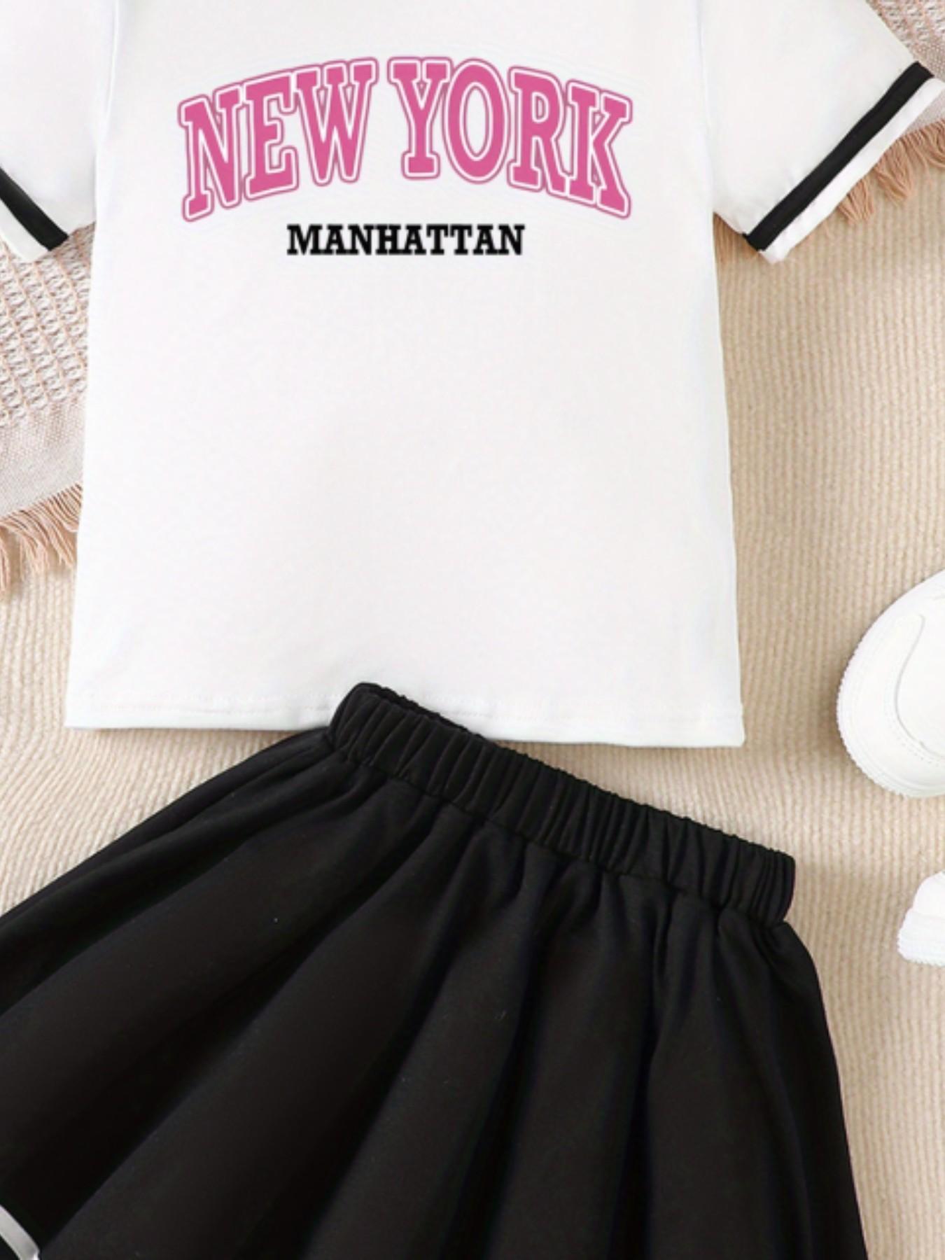Girls' Minimalist White New York Manhattan Print T-Shirt Pleated Skirt Set, Preppy Classic Versatile 2-Piece Outfit