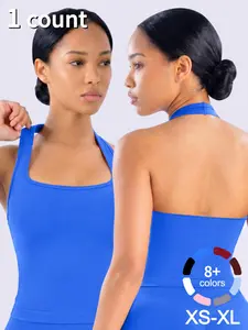 1/2/3 Pcs Women's Yoga Halter Neck Tank Top with Removable Pads, Three-Layer Seamless Backless Tank Tops Casual Solid Color Soft All Seasons Wear