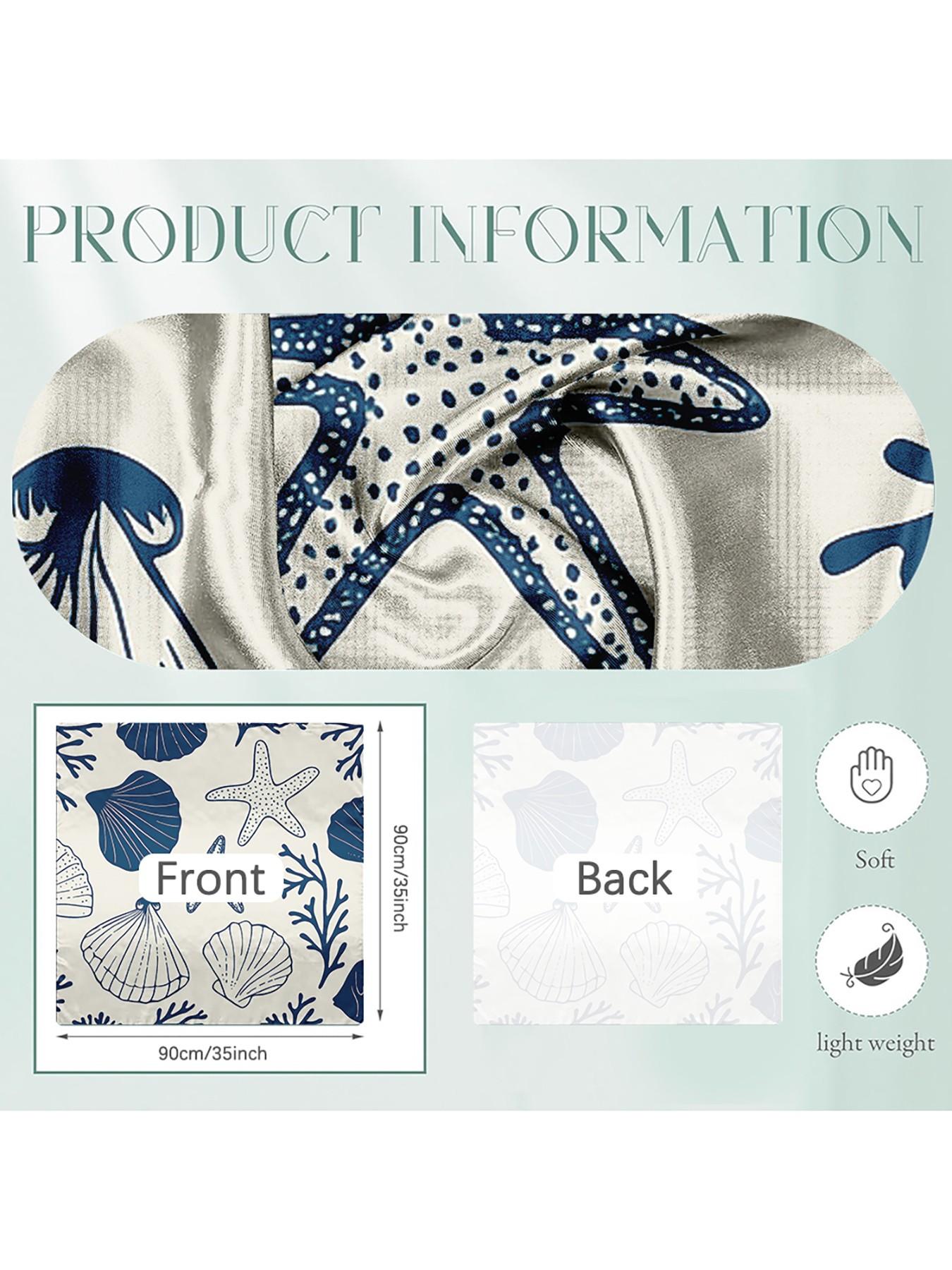 Blue Nautical Shell Star Satin Towel for Women, Beach Vacation Essential, Summer Coastal Accessory, Retro Hair Scarf, Square Scarf