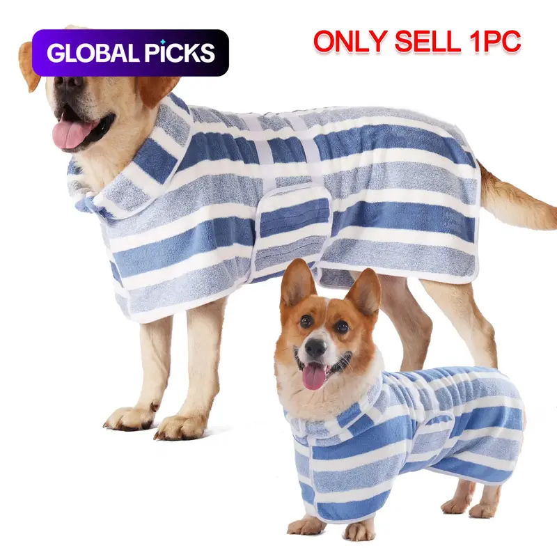 Quick-Dry Striped Dog Towel Robe, Super-Absorbent Pet Bathrobe with Adjustable Waistband and Ultra-Soft Fabric #GLOBAL PICKS