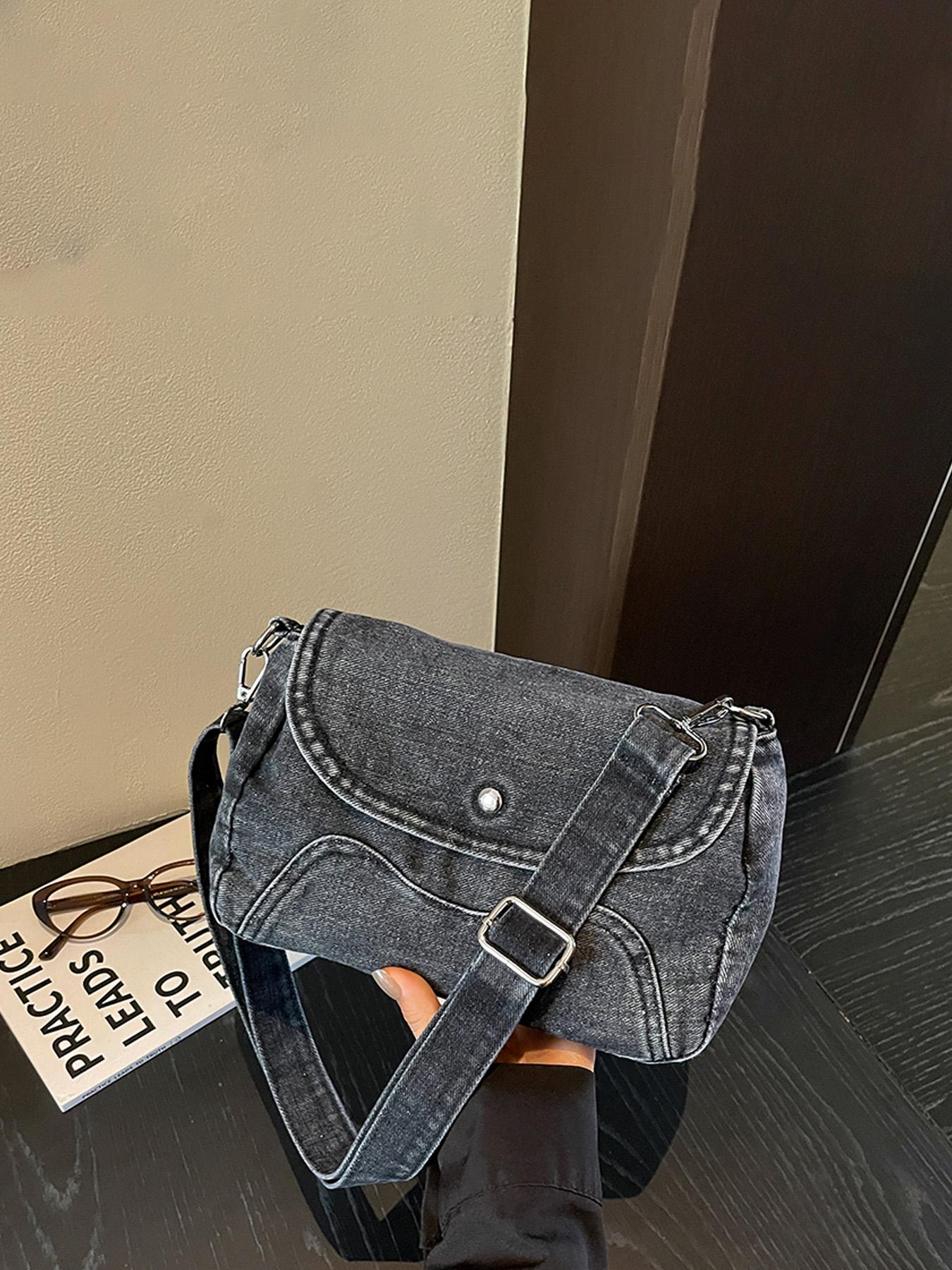 1pc Solid Black Washed Denim Saddle Crossbody Bag, Snap Button Flap Cover Adjustable Wide Shoulder Strap Retro Casual Shoulder Bag For OOTD Shooting, City Shopping, Cafe Hangouts, Weekend Trips, For Y2K Street‑style Fashion Women