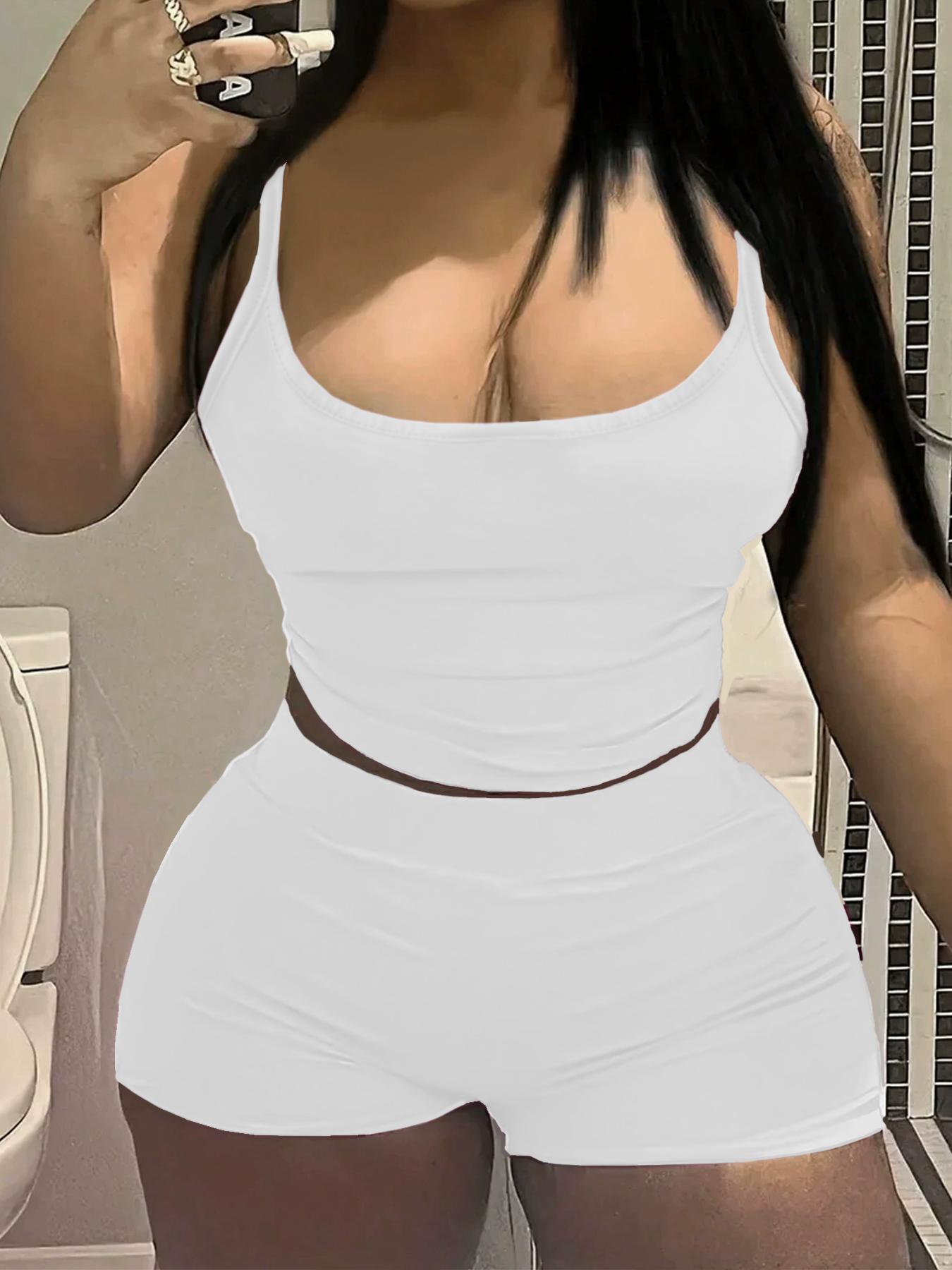 Adjustable waist cropped camisole top and elastic-waist fitted shorts, summer casual wear, women’s two-piece set