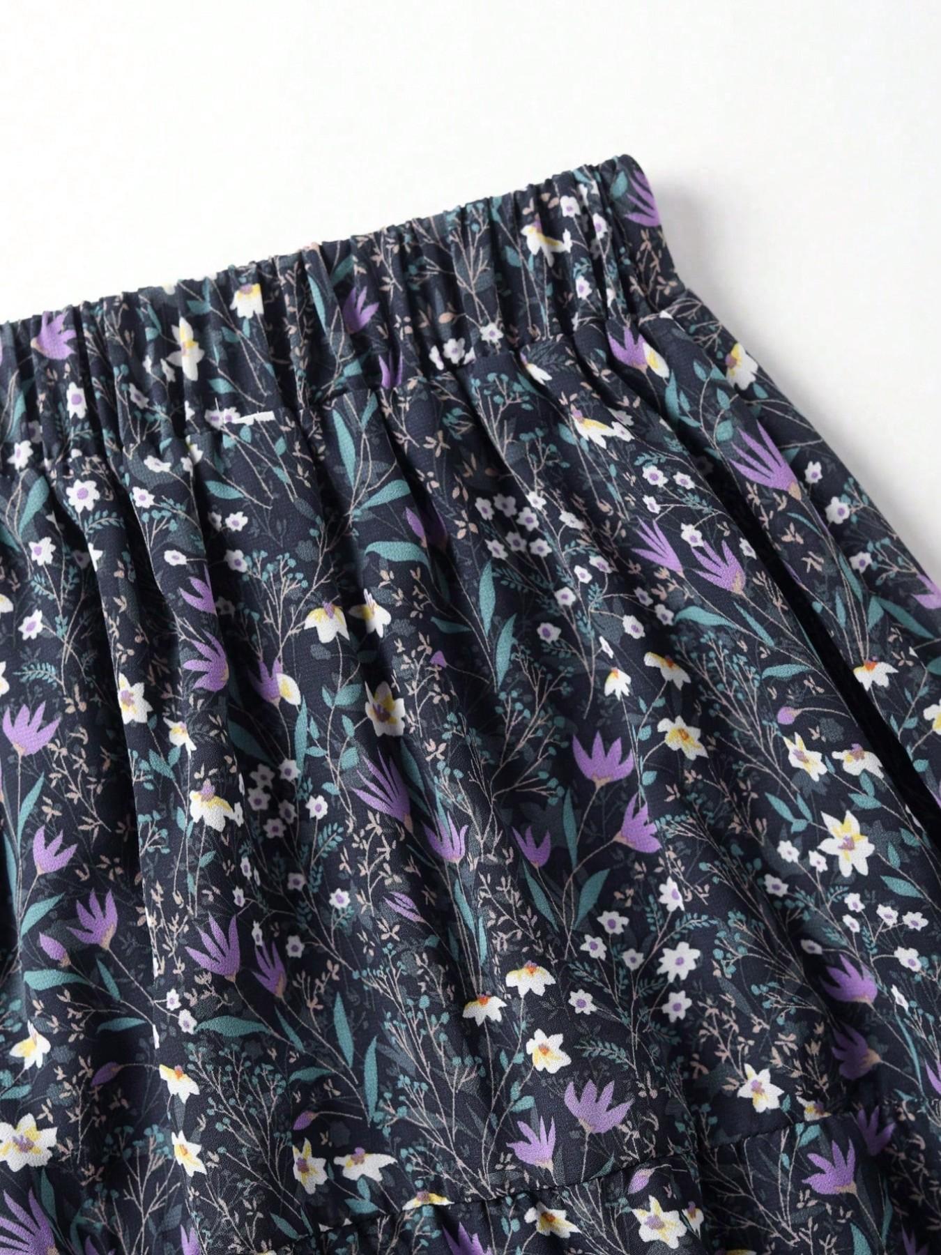 Women's Deep Blue Ditsy Floral Midi Casual Boho Skirt, High Waist A-Line Design, Casual Loose Fit, Long Knee-Length, Fashionable Summer Dress