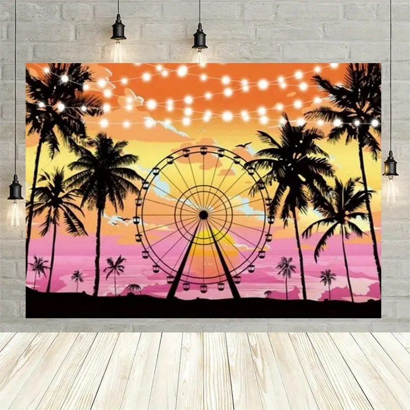 1pc Durable Polyester Summer Theme Print Backdrop - Ferris Wheel & Palm Leaves Sunset Design, Lightweight Banner & Room Artwork for Tropical Beach Parties, Weddings