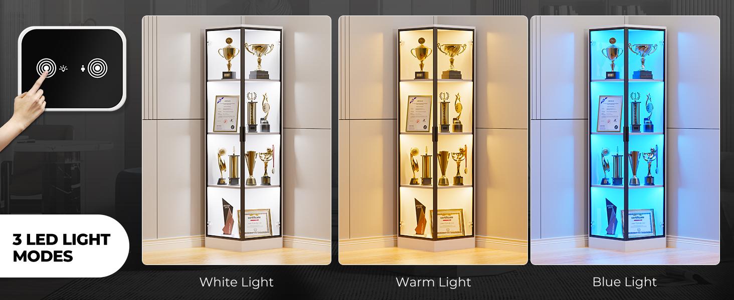 MIIFUNY Corner Display Cabinet with Doors, 4-Tier Corner Shelf&Bookcase for Collectibles, Toys, Books, Display Case with 3 Color Light, for Playroom, Bedroom, Study Room, White