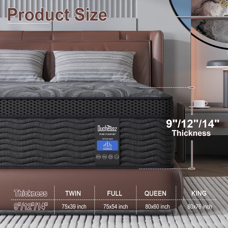 9/12/14 inch Twin Full Queen King  Hybrid Mattress in a Box, Upgrade Individually Pocket Springs, Medium Firm, Pressure Relief, Breathable Comfort and Durable, CertiPUR-US Certified