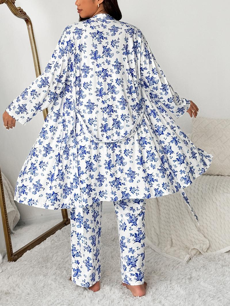 Plus Size Floral Print Robe Set for Women, Elegant Comfortable Sleepwear, Sleeveless Top & Long Pants, Spring & Fall Home Wear, Pajama Set