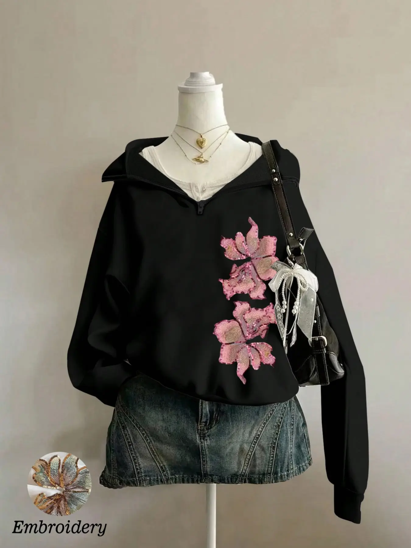 Women's Fall Winter Pajamas, Floral Embroidery Crew Neck Hoodie Sweatshirt, Loose Fit Long Sleeve Top, Casual Street Style, All Seasons