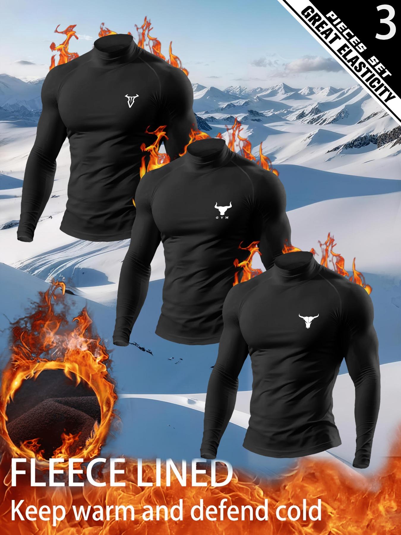 3-Pack Men’s Thermal Base Layer Tops – Fleece-Lined Compression Sports Top Shirts with “Bull” Print, Warm Stretch Fabric for Winter Running, Skiing, Hiking, Outdoor Training & Cold-Weather Workout Layering