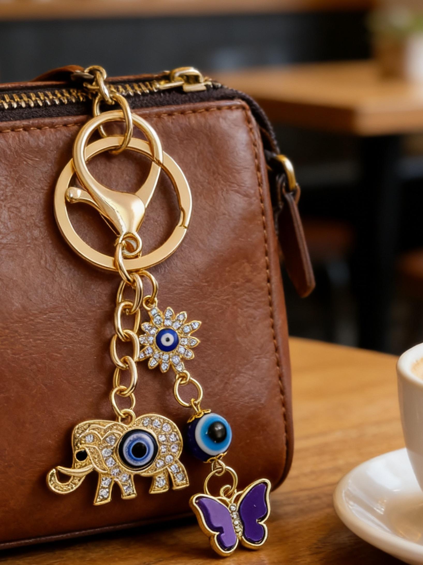 Trendy Rhinestone Elephant and Devil Eye Pendant Keychain, Butterfly Charm Accessory, Couple Key Ring, Casual All-Season Fashion