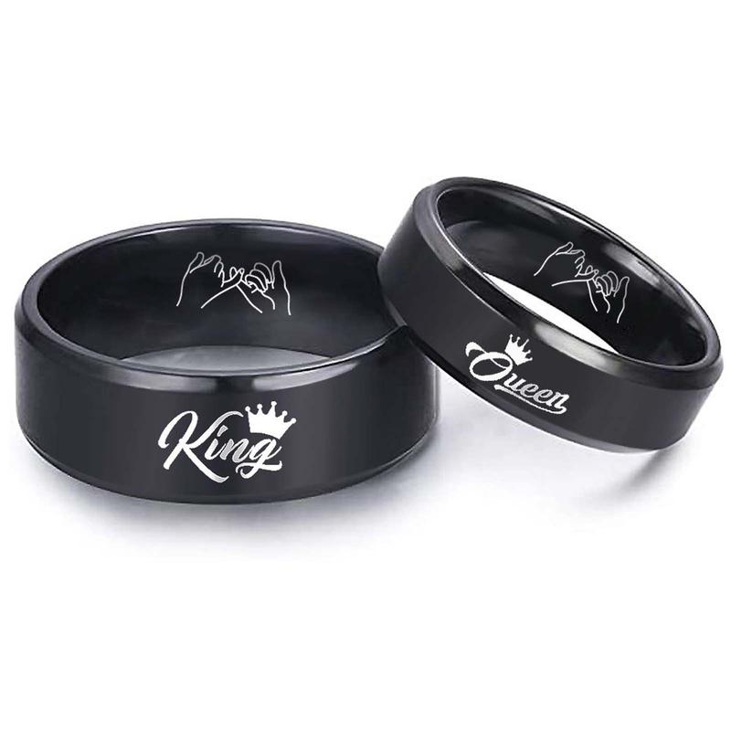 Black King Queen Letters Love You Forever Heart to Heart Couple Ring Titanium Steel Unisex Jewelry