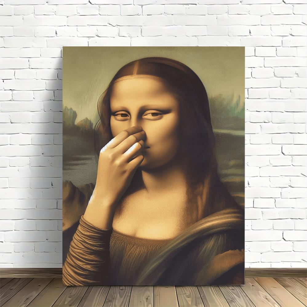 JIT Print Painting, Framed Canvas Wall Art - "Humorous Reimagining of Mona Lisa"  Classic Art with a Twist | Ready-to-Hang Decorative Poster for Office, Kitchen, Living Room, or Bedroom Perfect Gift for Creative Humor Enthusiasts