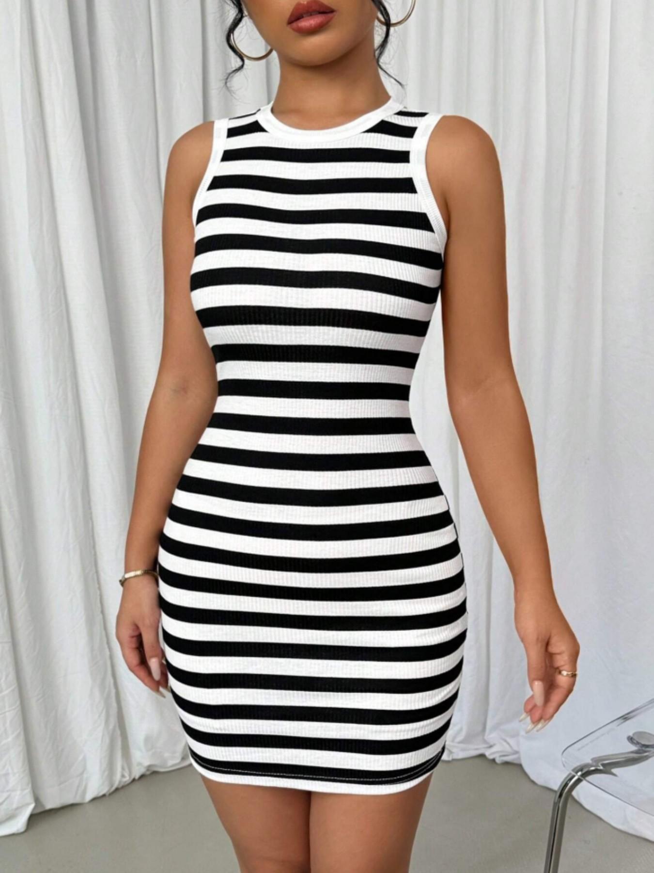 Summer Striped Sleeveless Fashion Elegant Tight Mini Dress, Stylish Casual Wear for Women, Perfect for Parties and Daily