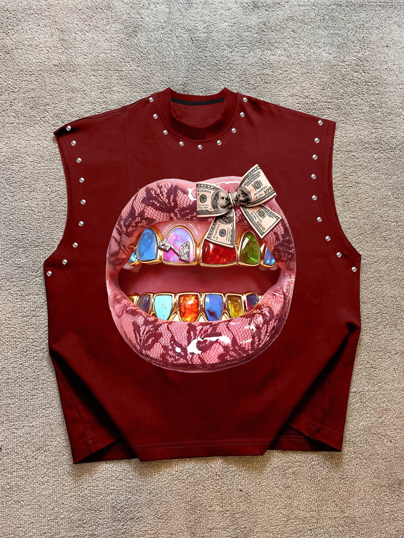 Men's Casual Vest with Snake Pattern Graphic Lips and Rhinestone Colorful Teeth, Funky Hip Hop Streetwear Style for Night Out, Nightclub, Fast-Drying Fabric for Comfortable Fit