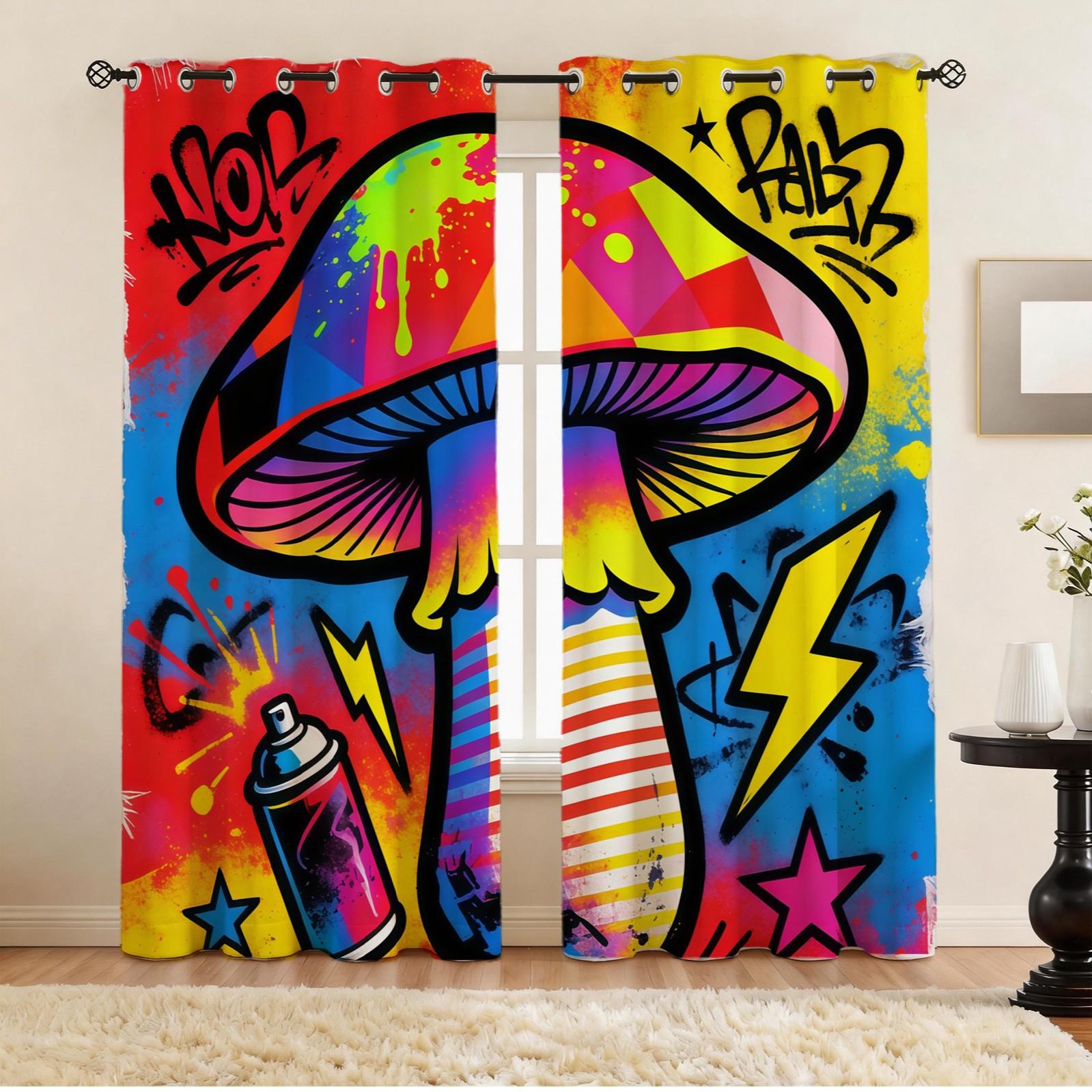 Lightning Mushroom Pattern Curtain Set, 2 Pieces, Ideal for Living Room, Balcony, Bedroom Windows, Perfect Home Decor for Seasons and Holidays
