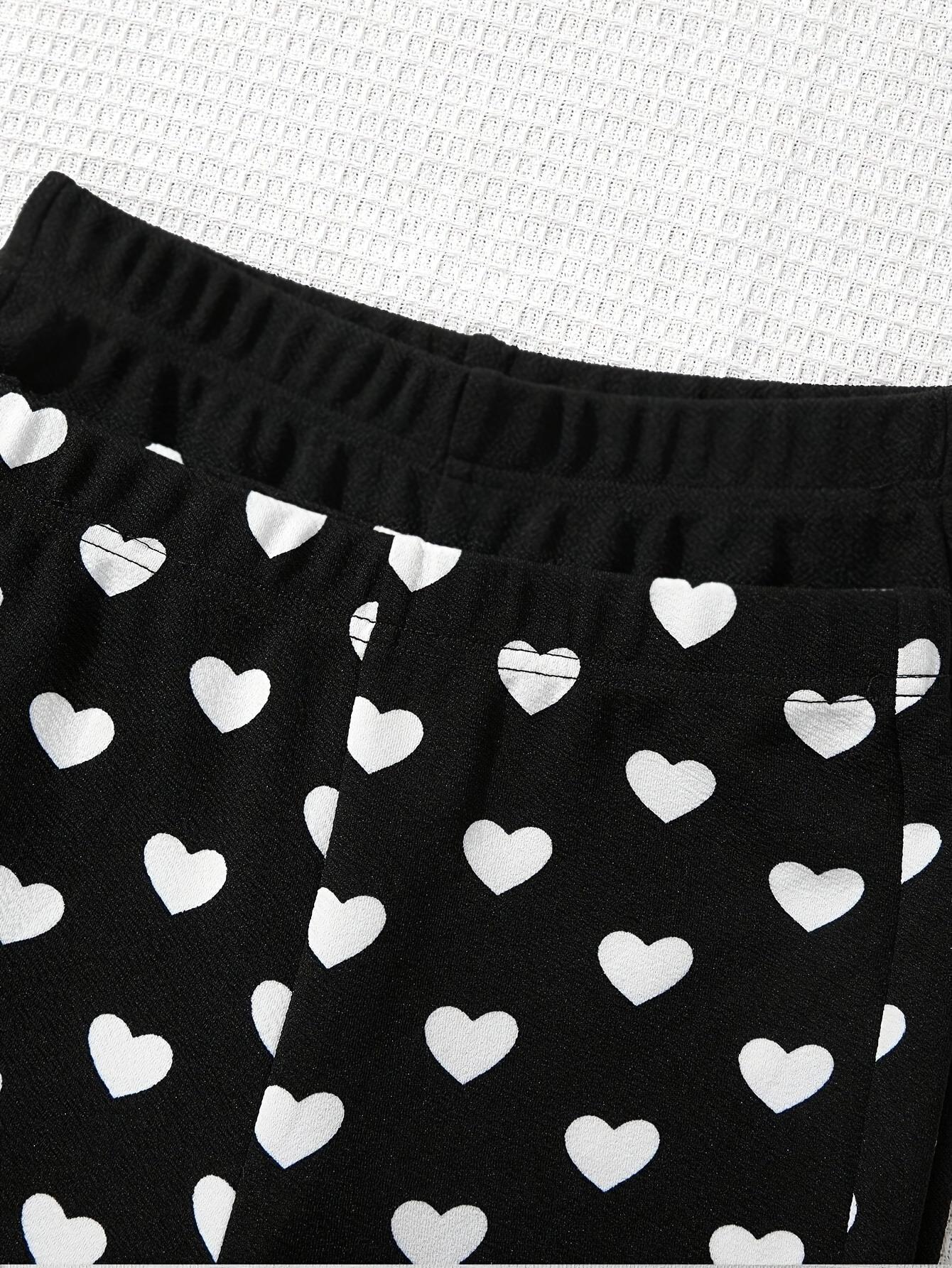 Girls 2-Pack Flared Pants Set – Solid Black & White Heart Print Elastic Waist Bell Bottoms for Kids