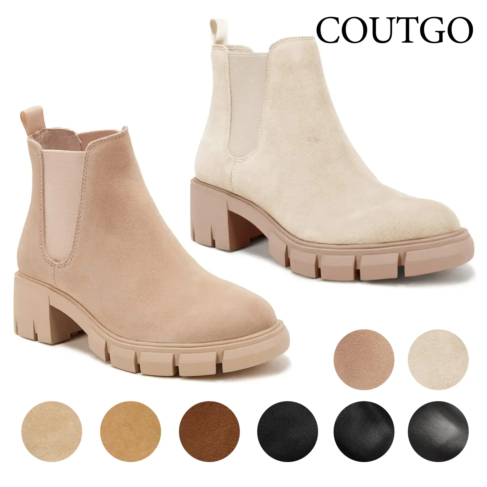 Coutgo Womens Lug Sole Platform Ankle Booties Chelsea Slip on Chunky Block Heel Leather Combat Boots tiktokshopbacktoschool