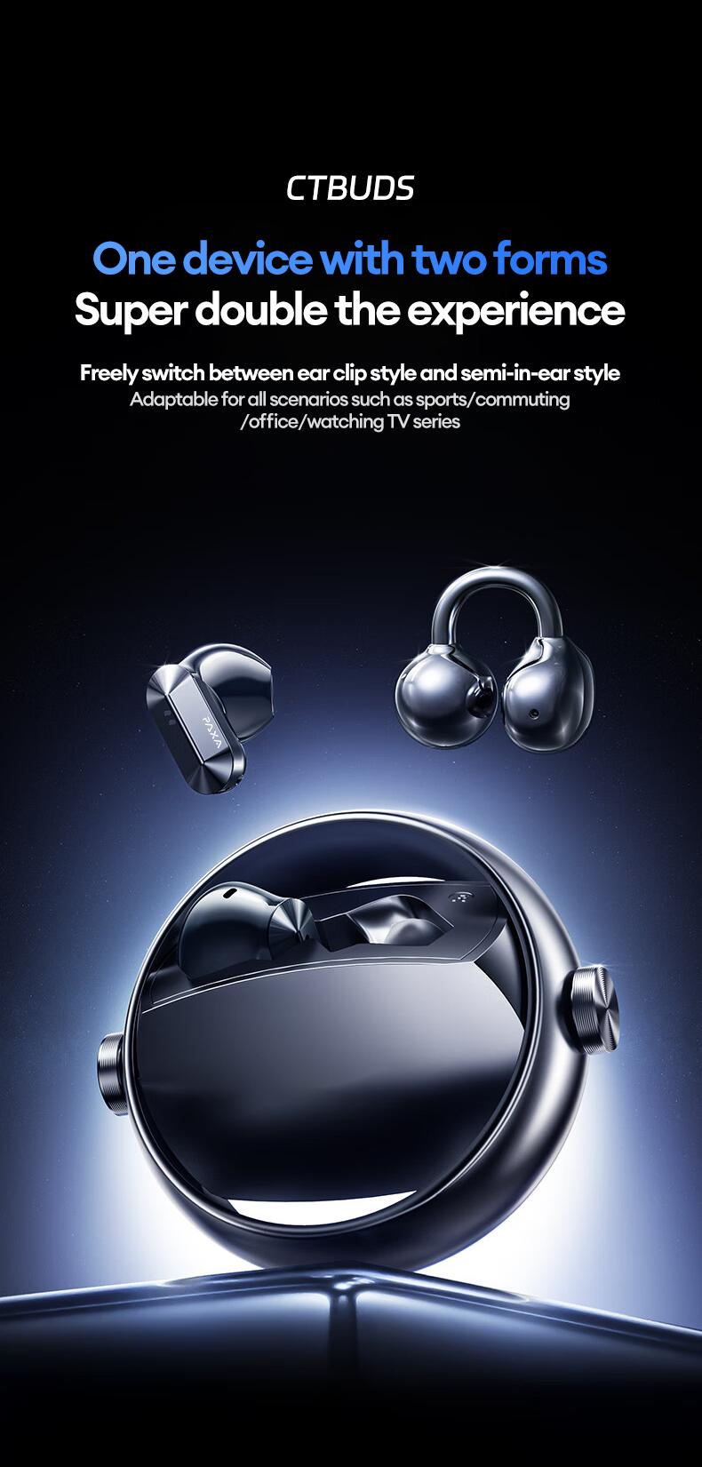 In-ear & clip-on 2-in-1 wireless Bluetooth headset Bluetooth 6.0 IPX5 sports waterproof and sweatproof Two earphones connected at the same time for uninterrupted listening Couple earphones