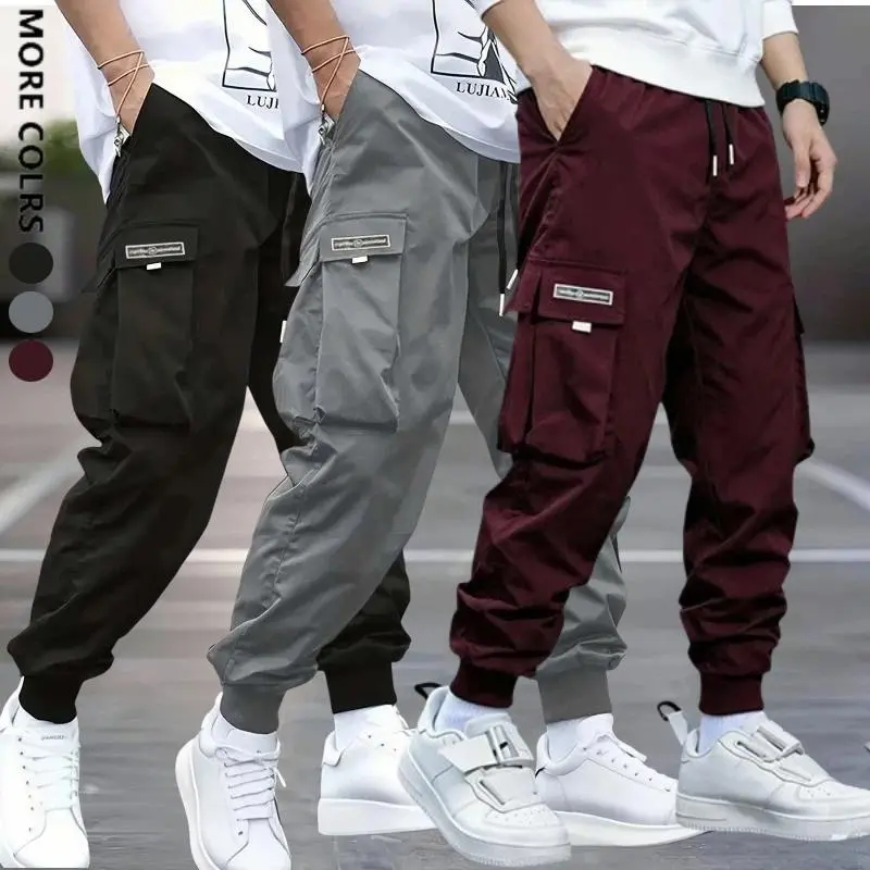 Men's solid color pocket zipper overalls medium pocket casual pants men's pants wear-resistant pants daily men's pants street men's pants