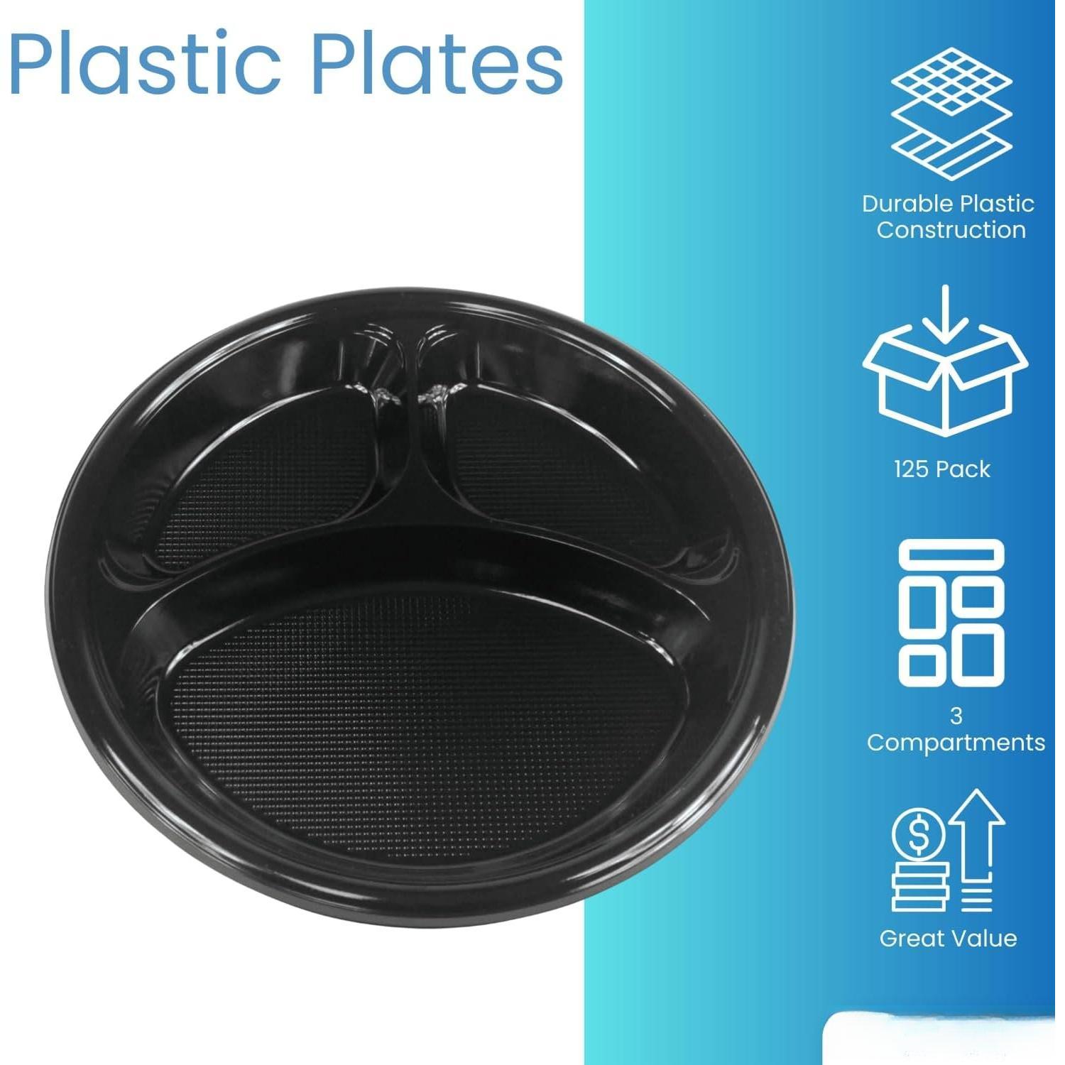 10 Inch Plastic 3 Compartment Sectional Plates, Disposable Plates with Compartment, Round Black Sectional Plates 10-Inch Diameter, 125 Pack