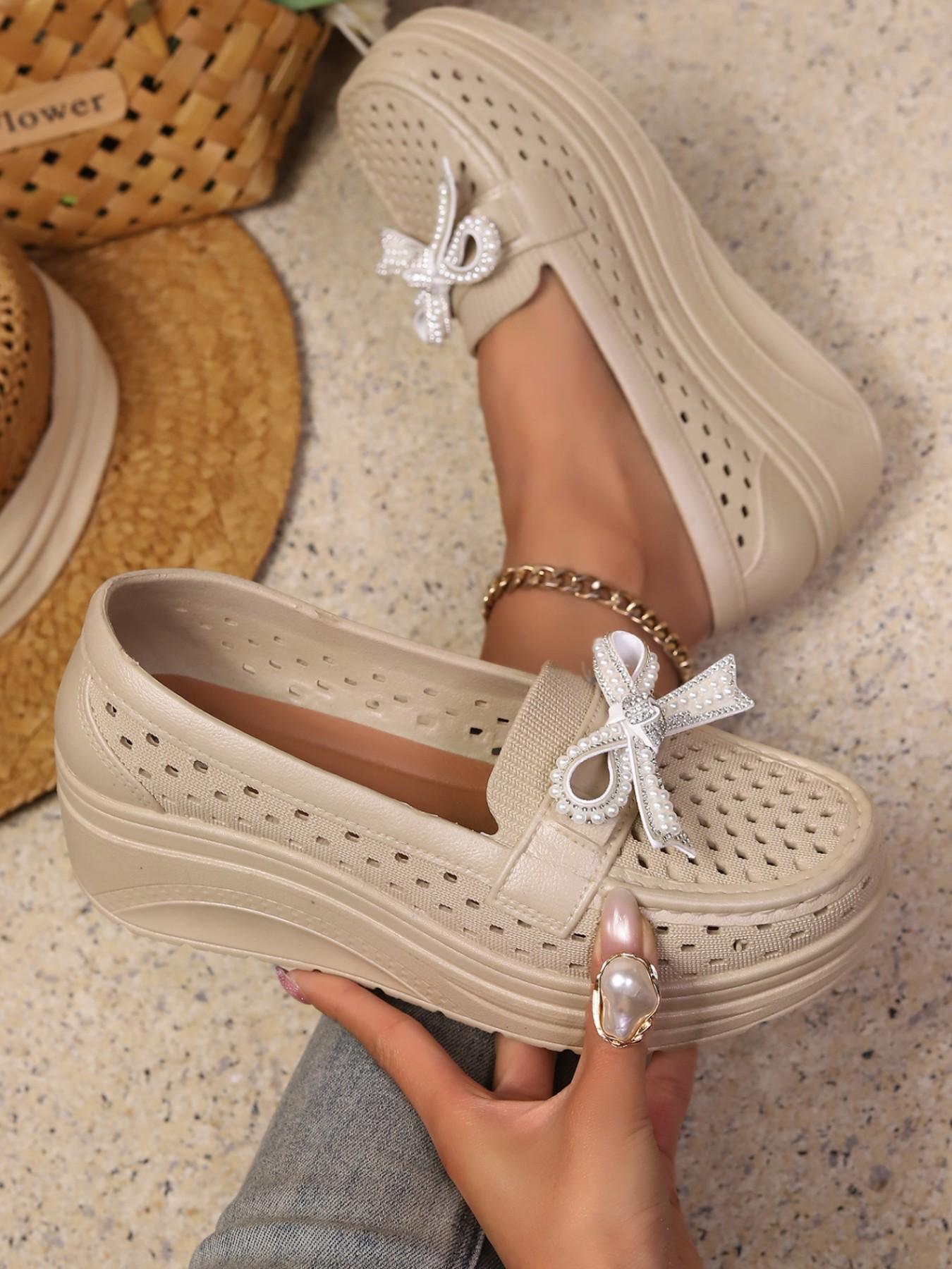 Summer New Metal Buckle, Bowknot, Pearl Decorative Hollow Out Breathable Platform Shoes, Thick Sole Heeled Loafers, Slip-On Lazy Shoes