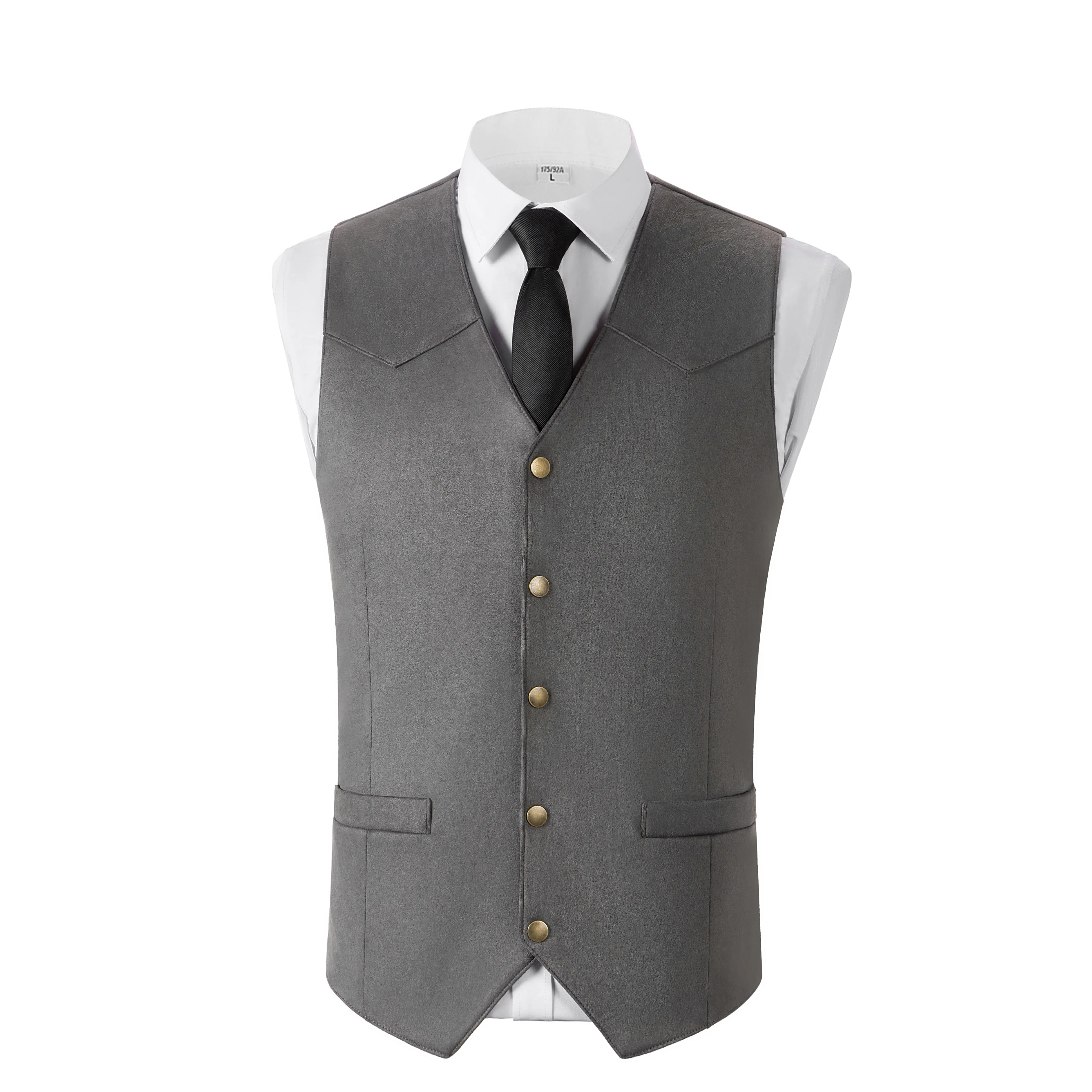 Men's Faux Suede Western Waistcoat, Vintage Cowboy Style V-Neck with Brass Buttons, for Casual & Business Occasions
