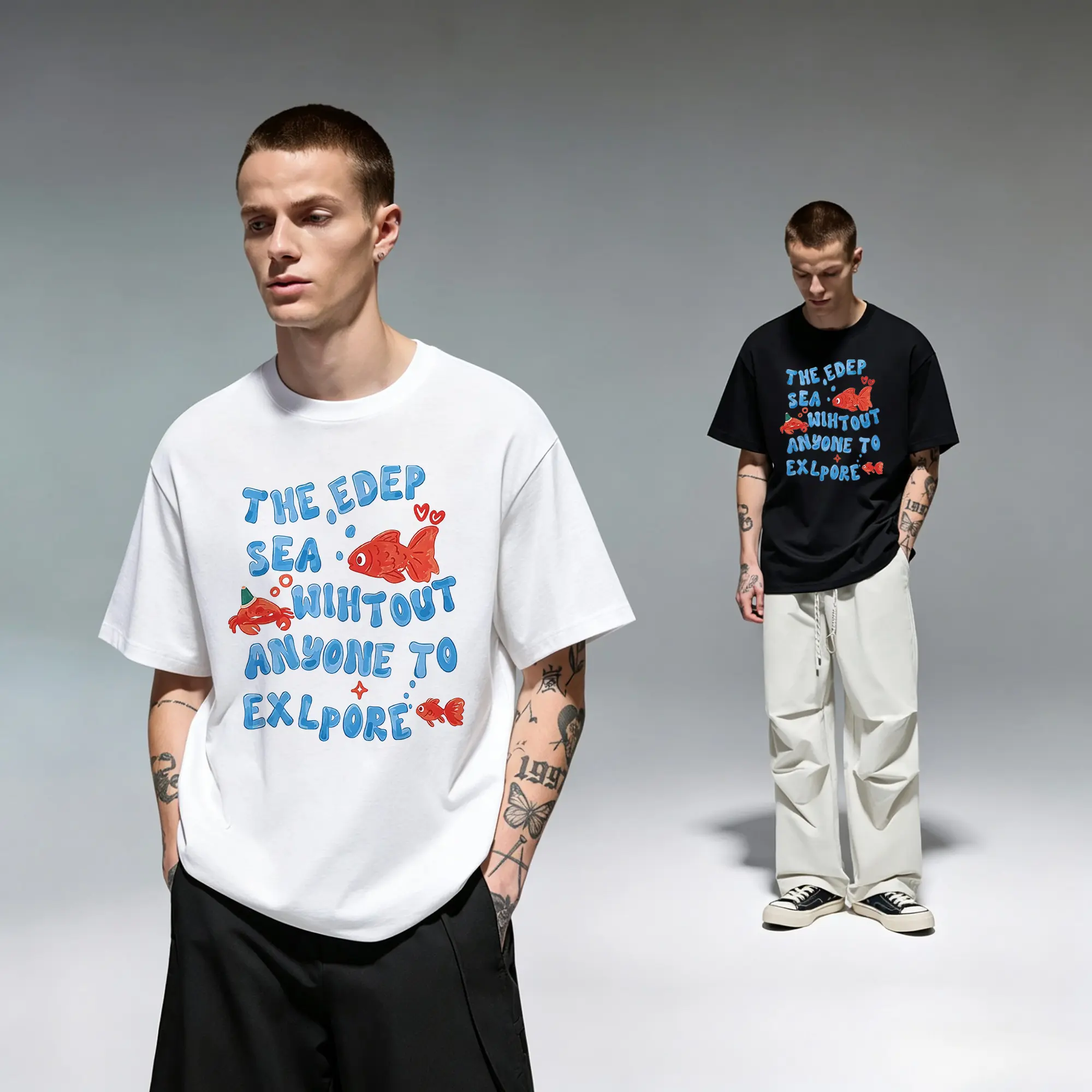 Deep Sea Without Anyone To Explore Goldfish Art Original Oversized Cotton Graphic Tee T-Shirt for Men Novelty Gift Cutting Ideas Women Teen Girls Boys Kawaii Aesthetic Cute Animal Illustration Introvert Vibe Casual Everyday Wear Trendy Top